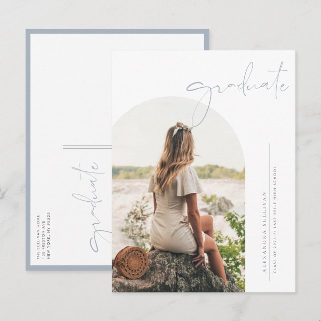 Boho Dusty Blue Minimalist Arch Photo Studenten Meddelande Vykort (Fram/baksida)