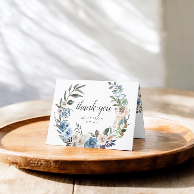 Boho Dusty Blue Neutralt Flowers Bröllop Tack Kort (Skapare uppladdad)