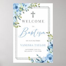 Boho dusty Blue och silver glitter Baptism Välkoms Poster