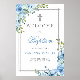 Boho dusty Blue och silver glitter Baptism Välkoms Poster