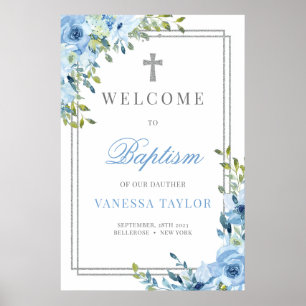 Boho dusty Blue och silver glitter Baptism Välkoms Poster