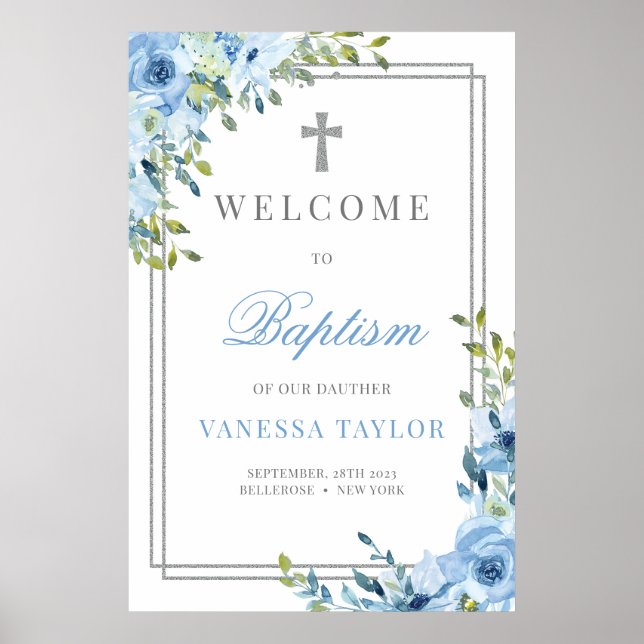 Boho dusty Blue och silver glitter Baptism Välkoms Poster (Framsidan)