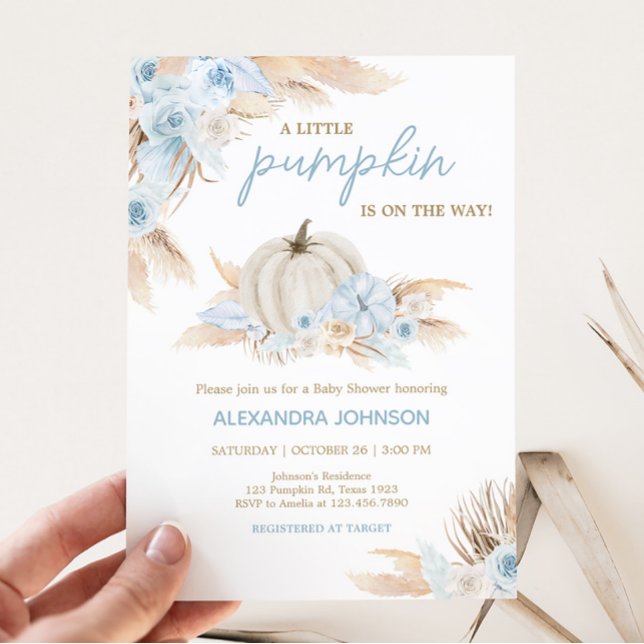 Boho Dusty Blue Pumpkin Baby Shower Inbjudningar (Boy Little Pumpkin Baby Shower Invitation)