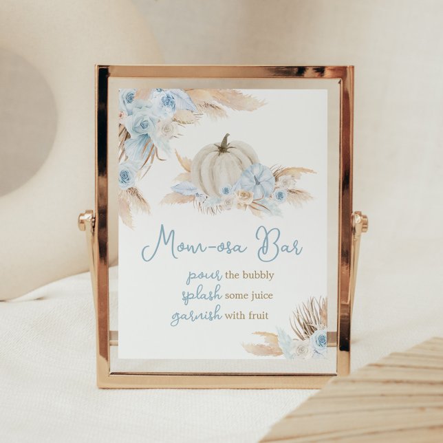 Boho Dusty Blue Pumpkin Baby Shower Mamma Osa Pub Poster (Boy Little Pumpkin Baby Shower Mom Osa Bar Sign)