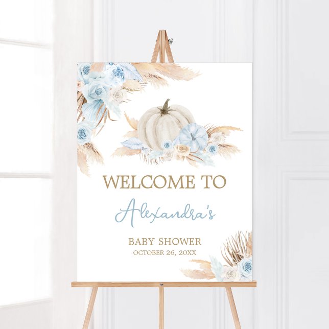 Boho Dusty Blue Pumpkin Baby Shower Välkommen Poster (Boy Little Pumpkin Baby Shower Welcome Sign )