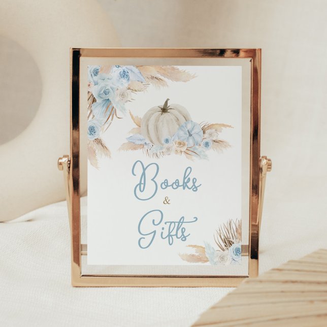 Boho Dusty Blue Pumpkin Bokar och Gifts Poster (Boy Little Pumpkin Baby Shower Books and Gifts Sign)