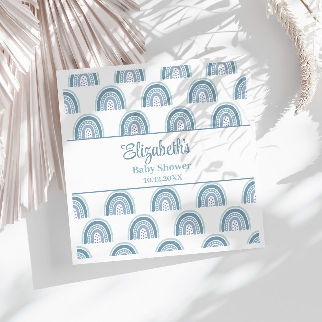 Boho Dusty Blue Rainbow Baby Shower Napkins Pappersservett (Boho Dusty Blue Rainbow Baby Shower Napkins on a sunny white table.)