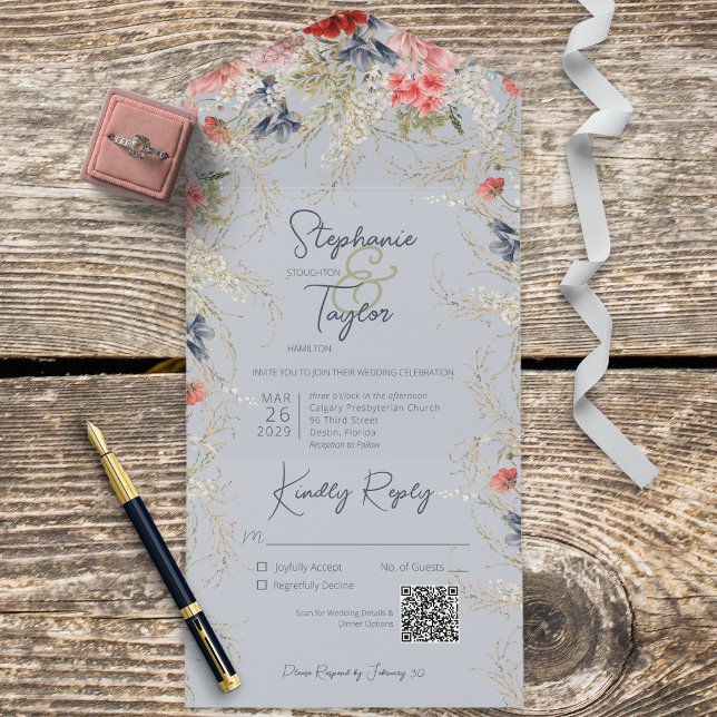 Boho Dusty Blue & Rosa Blommigt Blue QR-kod (Skapare uppladdad)