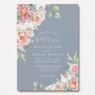 Boho Dusty Blue Rosa Blommigt Rustic Bröllop Inbjudningar