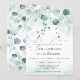 Boho Dusty Blue & Sage Grönt Eucalyptus Bröllop Inbjudningar