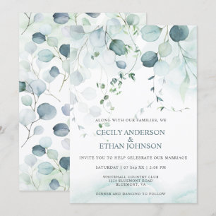 Boho Dusty Blue & Sage Grönt Eucalyptus Bröllop Inbjudningar