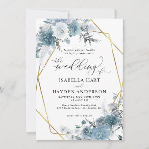 Boho Dusty Blue Slate Pastel Gold Foil Bröllop Inv Inbjudningar