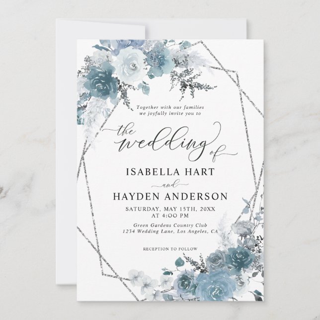 Boho Dusty Blue Slate Pastel Silver Foil Bröllop Inbjudningar (Framsida)