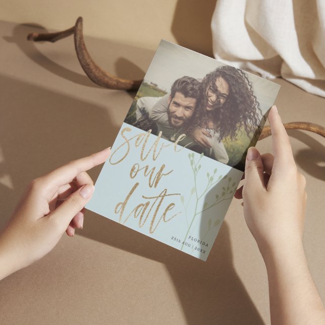 Boho Dusty Blue Spara Vårt datum Faux Guld & Folia Julkort (Skapare uppladdad)