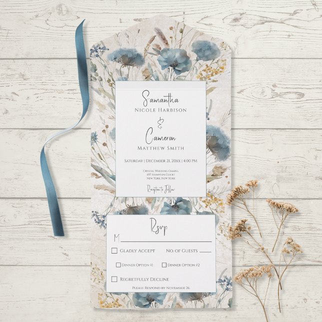 Boho Dusty Blue & Tan Blommigt Monogram Middag (Skapare uppladdad)