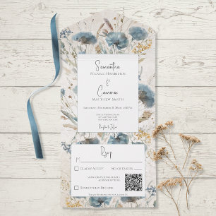Boho Dusty Blue & Tan Blommigt Monogram QR-kod