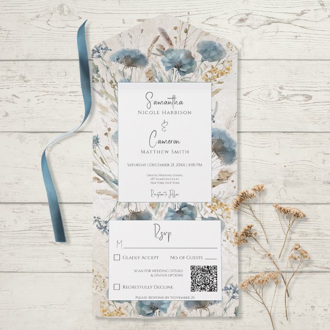 Boho Dusty Blue & Tan Blommigt Monogram QR-kod (Skapare uppladdad)