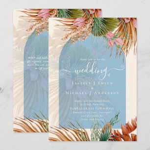 BOHO Dusty Blue Tropical Pampas Grass Bröllop Inbjudningar