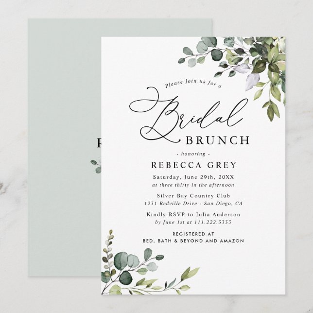 Boho Dusty Blue Watercolor Greenery Möhippa Brunch Inbjudningar (Fram/baksida)