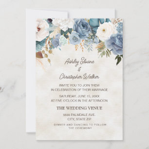 Boho Dusty Blue White Flowers Cream Bröllop Inbjudningar