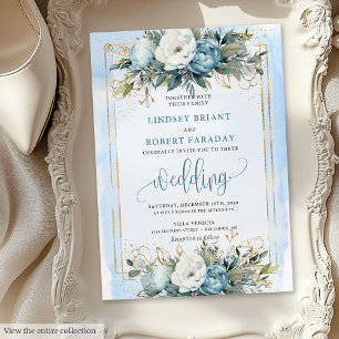Boho Dusty Blue White Guld Flowers Bröllopsinbjudn Inbjudningar