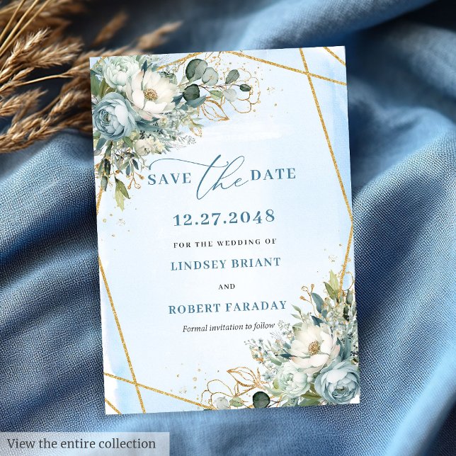 Boho Dusty Blue White Guld Flowers sparar datumet Inbjudningar (Boho Dusty Blue White Gold Flowers Save The Date)