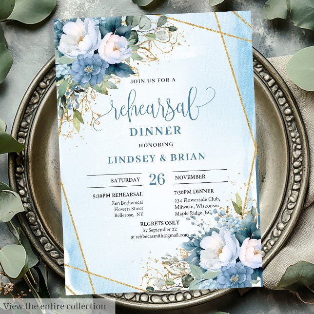 Boho Dusty Blue White Peony Rehearsal Dinner Card Inbjudningar (Boho Dusty Blue White Peony Rehearsal Dinner Card)