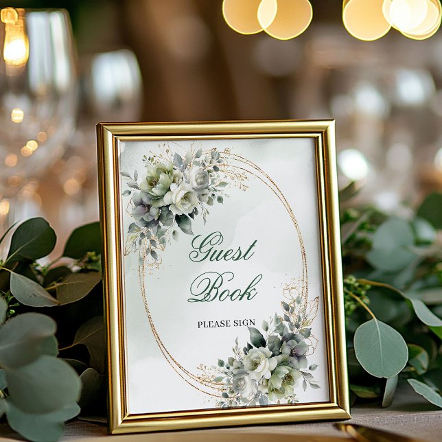 Boho Dusty Green Eucalyptus Gästbok Bordsskiva  Poster (Boho Dusty Green Eucalyptus Guest Book Tabletop Sign)