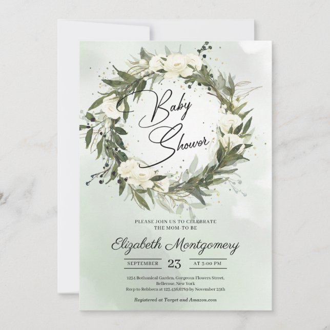 Boho Dusty Greenery Olive Wandeans Vit ros Inbjudningar (Framsida)