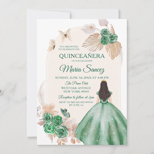 Boho Dusty Grönt Blommigt Mexican Girl Quinceañera Inbjudningar (Framsida)