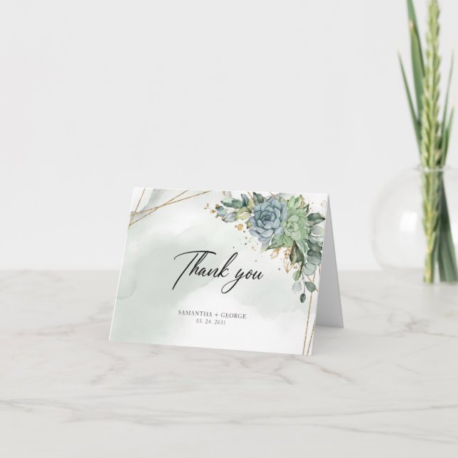 Boho dusty grönt succulations eucalyptus guld ram tack kort (Framsida)