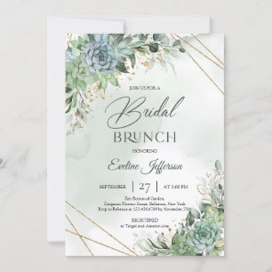 Boho dusty grönt succulents guld Möhippa brunch Inbjudningar