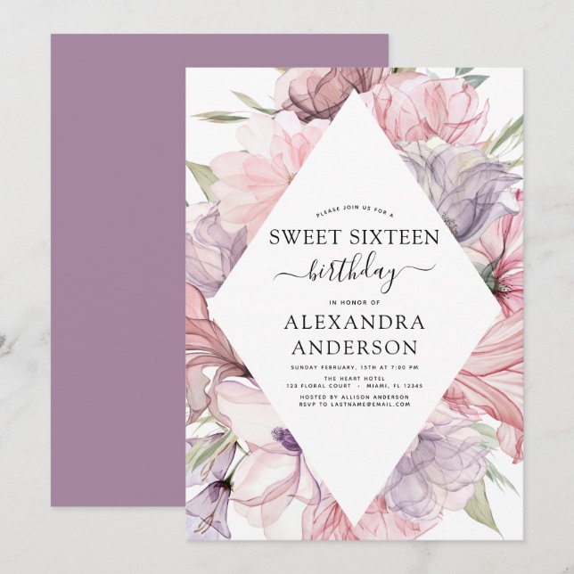 Boho Dusty Lila Sweet 16 Birthday Blommigt Invat Inbjudningar (Fram/baksida)