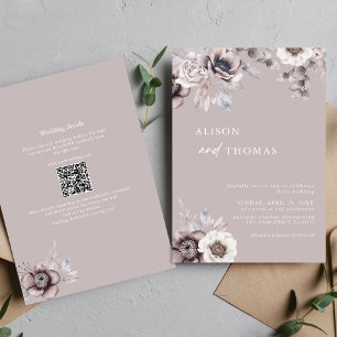 Boho Dusty Mauve QR-kod 2 i 1 Bröllop Inbjudningar