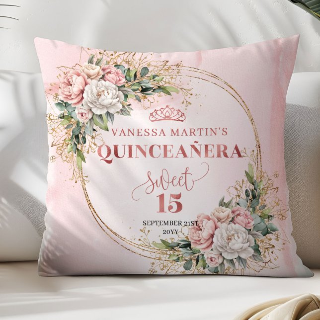 Boho Dusty Pink Floral Greenery Sweet 15 Birthday Kudde (Dusty Pink Floral Greenery Sweet 15 Birthday Pillow)
