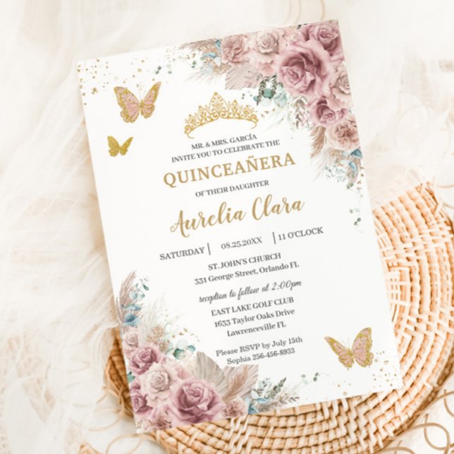 Boho  Dusty Ro Blommigt Pampas Quinceañera Inbjudningar (Skapare uppladdad)
