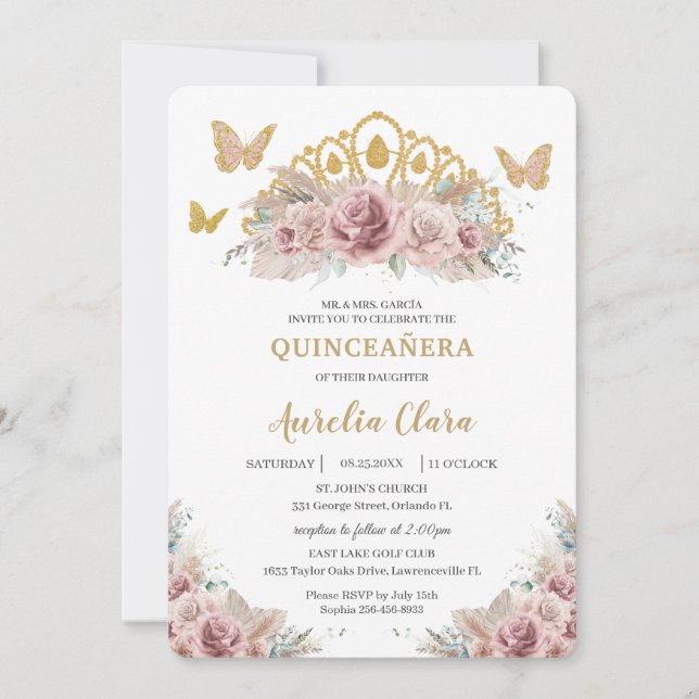 Boho  Dusty Ro Blommigt Pampas Quinceañera Inbjudningar (Framsida)