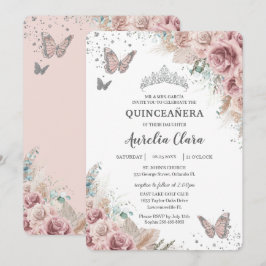 Boho Dusty Ro Blommigt Pampas Silver Quinceañera Inbjudningar