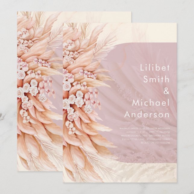 BOHO Dusty Ro Coral PAMPAS GRASS Bröllop Inbjudningar (Fram/baksida)