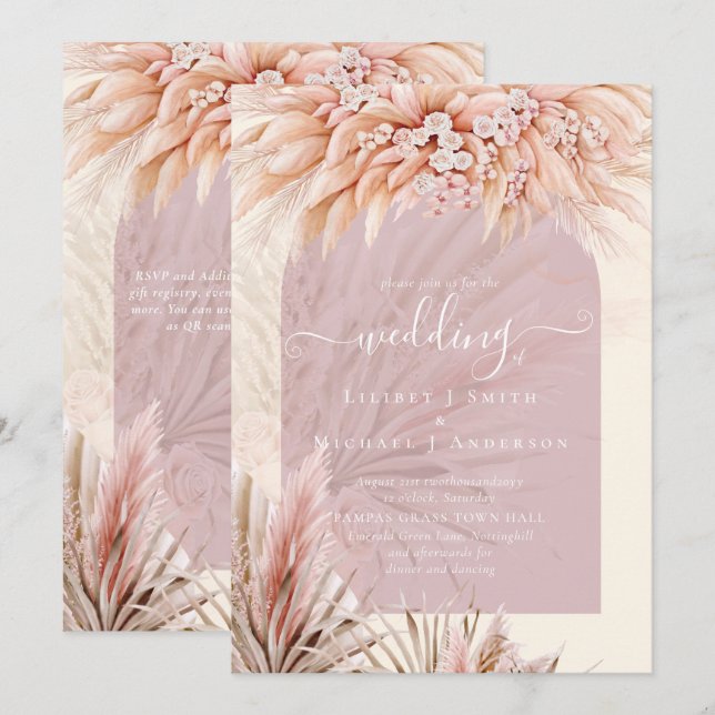 BOHO Dusty Ro Coral PAMPAS GRASS Bröllop Inbjudningar (Fram/baksida)