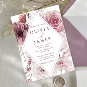 Boho Dusty Ro & Mauve Blommigt Ram Bröllop Inbjudningar