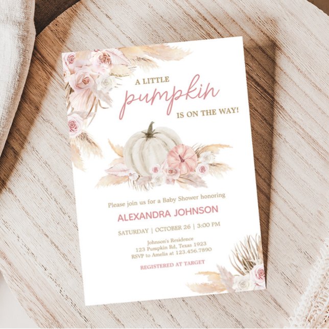 Boho Dusty Ro Pumpkin Baby Shower Inbjudningar (Pink Floral Pumpkin Baby Shower Invitation)