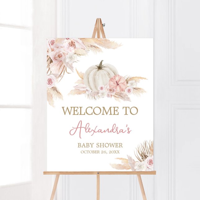 Boho Dusty Ro Pumpkin Baby Shower Välkommen Poster (Pink Floral Pumpkin Baby Shower Welcome Sign)