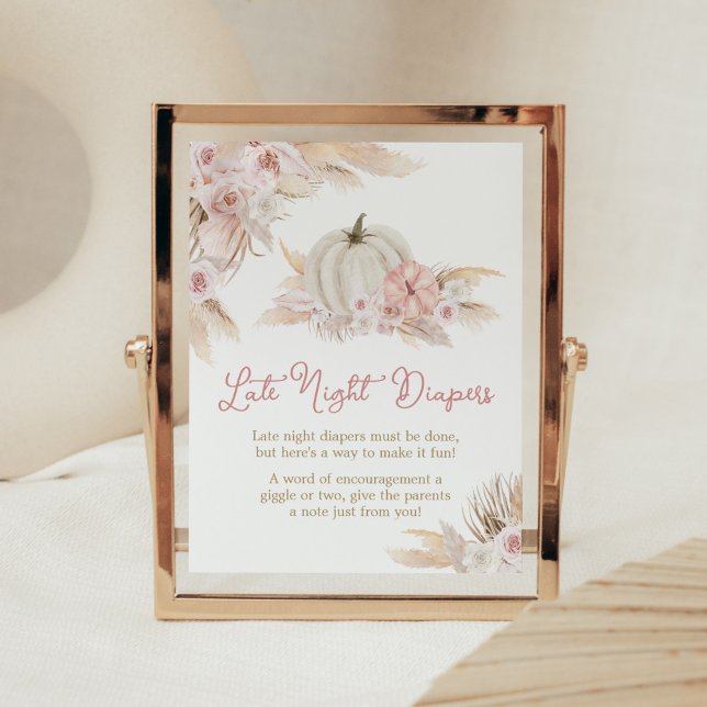 Boho Dusty Ro Pumpkin Late Night Diables Poster (Pink Floral Pumpkin Baby Shower Late Night Diapers Sign)