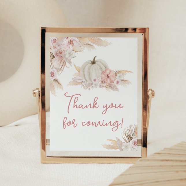 Boho Dusty Ro Pumpkin Tack för att du kom Poster (Pink Floral Pumpkin Baby Shower Thank you for Coming Sign)