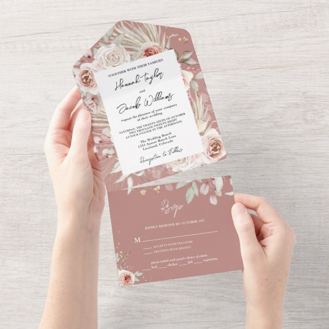 Boho Dusty Ro Rustic Blommigt med OSA Bröllop (Avrivbar del)