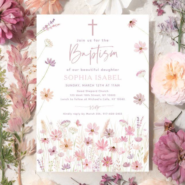 Boho Dusty Ro Wildblommor Baptism Inbjudningar (Skapare uppladdad)