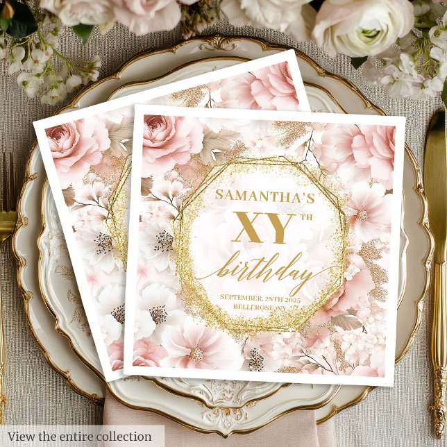 Boho Dusty Rosa 80 födelsedagsservetter med Blommi Pappersservett (Boho Dusty Pink 80 Birthday Napkins with Florals)