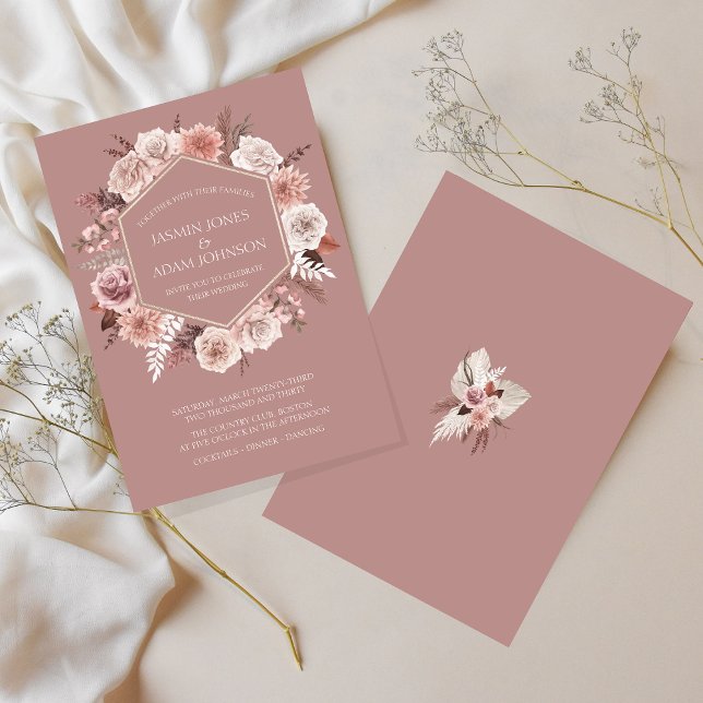 Boho Dusty Rosa Blommigt Utandning Bröllop Inbjudningar (Boho Dusty Pink Floral Wreath Wedding Invitation)