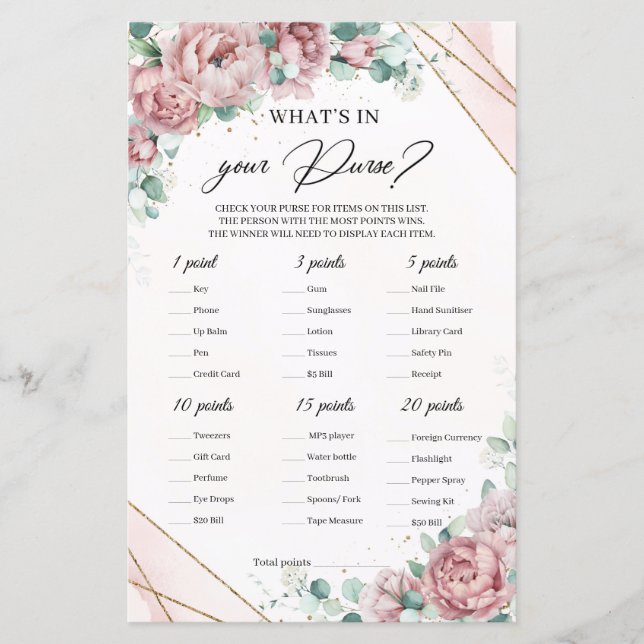 Boho dusty rosa blommigt What is in Your Purse Gam (Framsida)